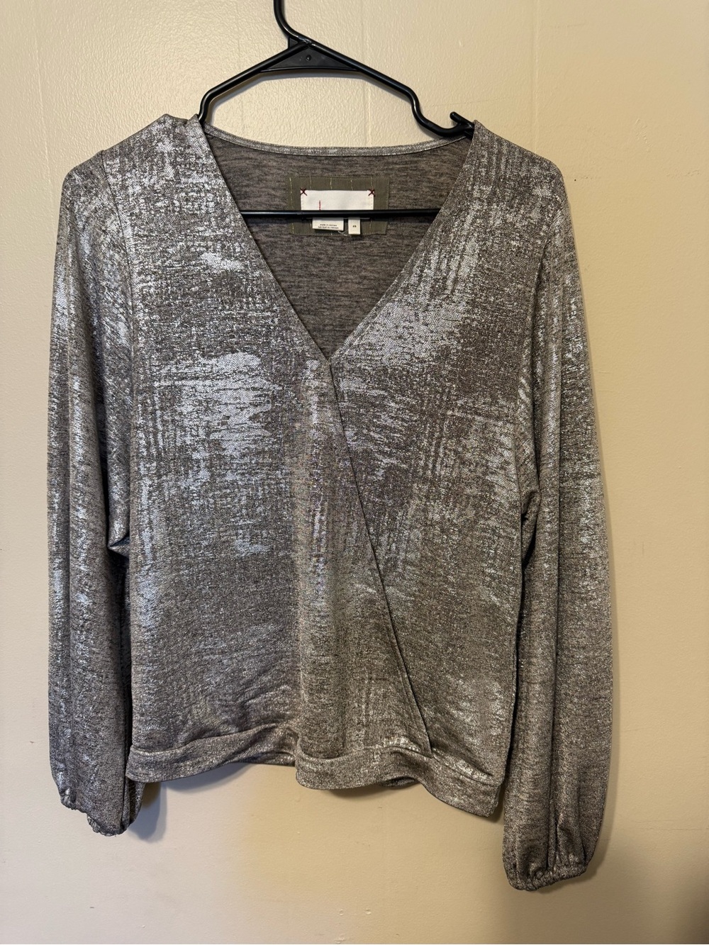 Anthropologie Silver Gray Shimmery V-Neck Wrap Top